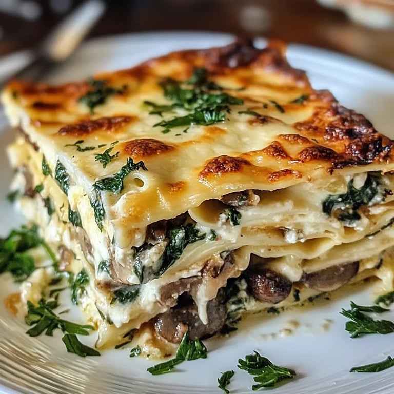 Lasanha cremosa de espinafre e cogumelos