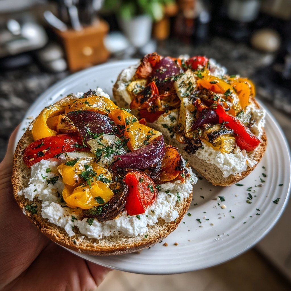 Bagels de requesón com legumes grelhados