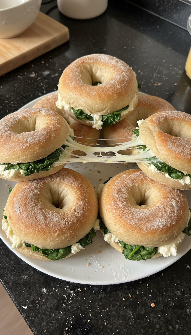 Bagels salgados de requesão com espinafre