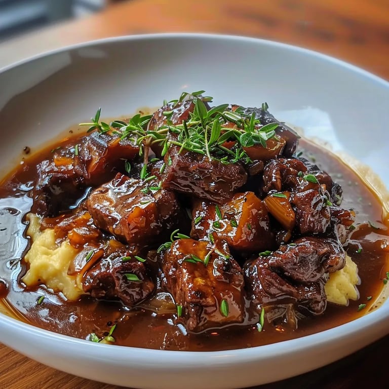 Carne Assada em Molho e Purê de Batatas Caseiro